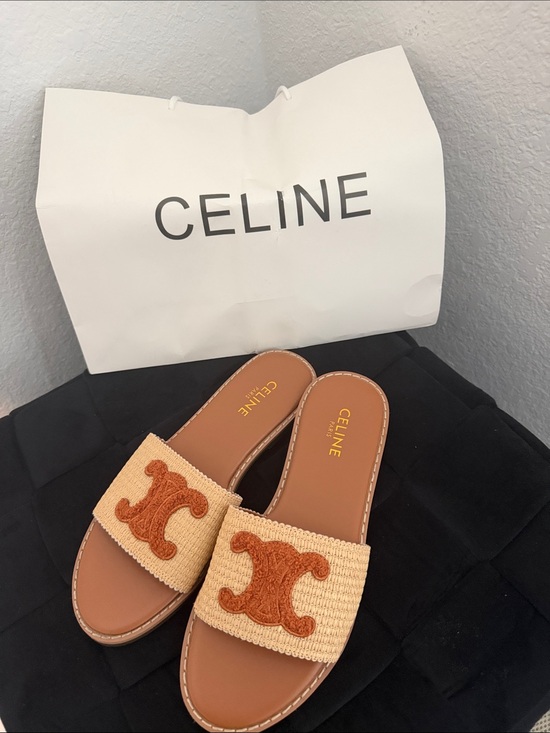 Celine Shoes - Celine Tan Footbed with Cream Raffia Slides and Brown Embroidered Logo